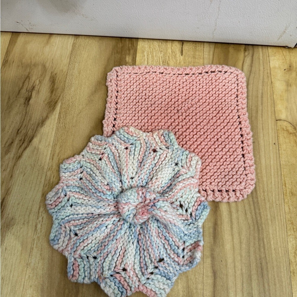 Handmade Pink and Multicolor Knit Dishcloth Set